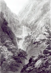 De waterval van Minzapeezo, aquarel door Samuel Davies naar een gravure, c.1800